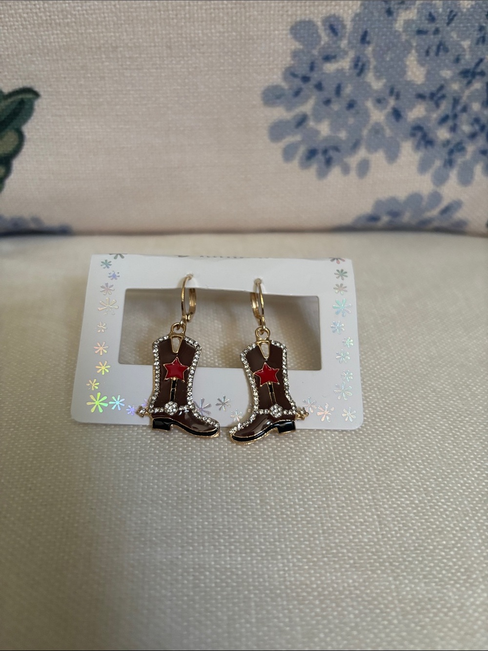 Gold Cowboy Boot Earrings with Red Star - Women's Accessories